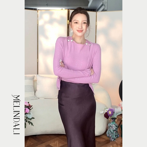 MELINDA LI【海棠】樱花粉袖短款开衫一字领背心包臀直筒半裙套装