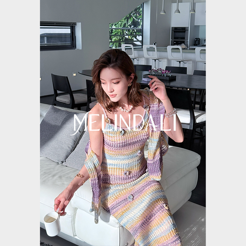 MELINDA LI【段染霓虹】波西米亚彩虹霞光条纹针织吊带裙镂空开衫