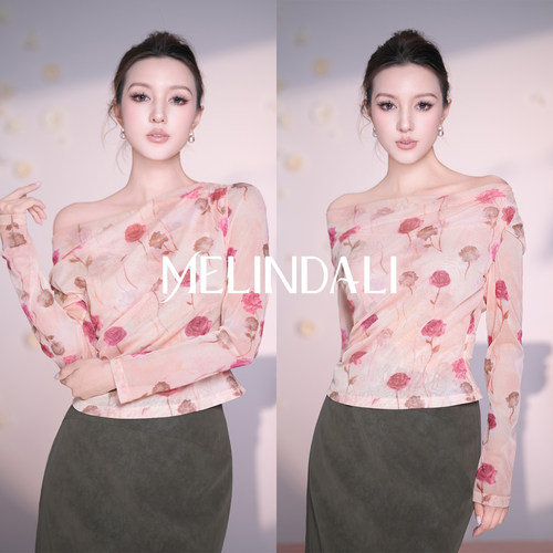 MELINDA LI【洛可可】法式设计弹力针织郁金香印花修身长袖上衣
