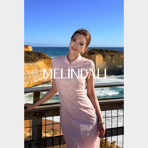 MELINDA LI【出水芙蓉】新中式小立领珠片蕾丝绣粉旗袍国风连衣裙