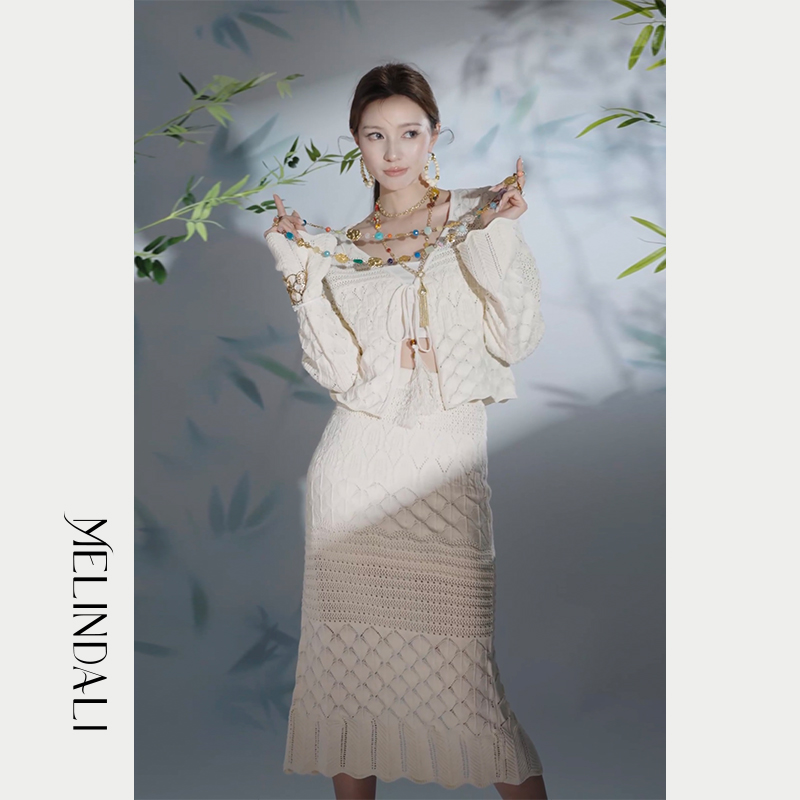 MELINDA LI【尼斯微风】波西米亚度假风镂空开衫修身包臀长款半裙