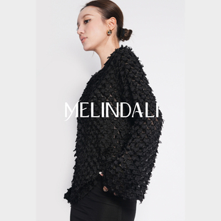MELINDA LI【柔丝衫】重工18姆米真丝剪花绡透肤感流苏羽毛上衣