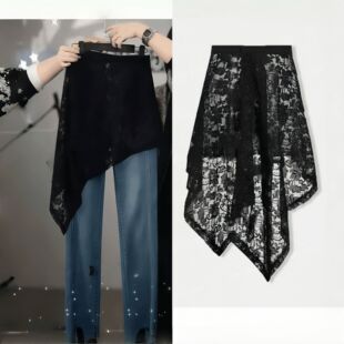 牛仔裤 外搭蕾丝不规则屁帘设计感斜边百搭网红半身裙叠穿宽松显瘦