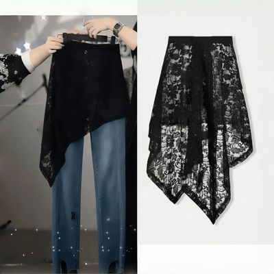 牛仔裤外搭蕾丝不规则屁帘设计感斜边百搭网红半身裙叠穿宽松显瘦