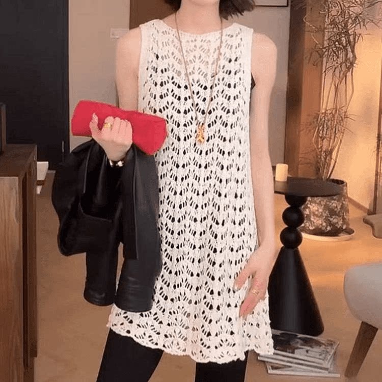 中长款镂空针织背心裙女2026年早春新款叠穿显瘦百搭屁帘无袖上衣