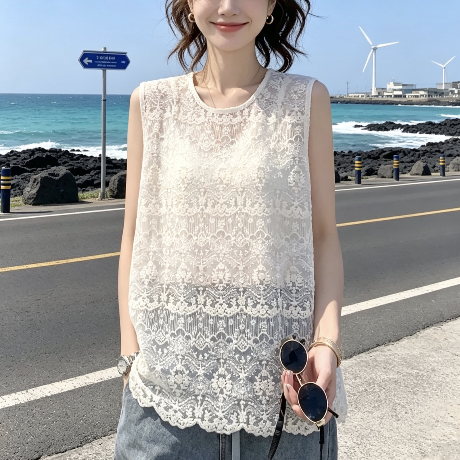 蕾丝圆领外穿打底显瘦百搭背心图片