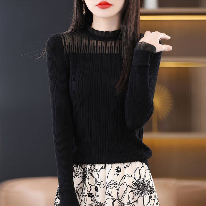 高档蕾丝打底衫女春秋2025新款薄款木耳边桑蚕丝针织上衣薄款毛衣