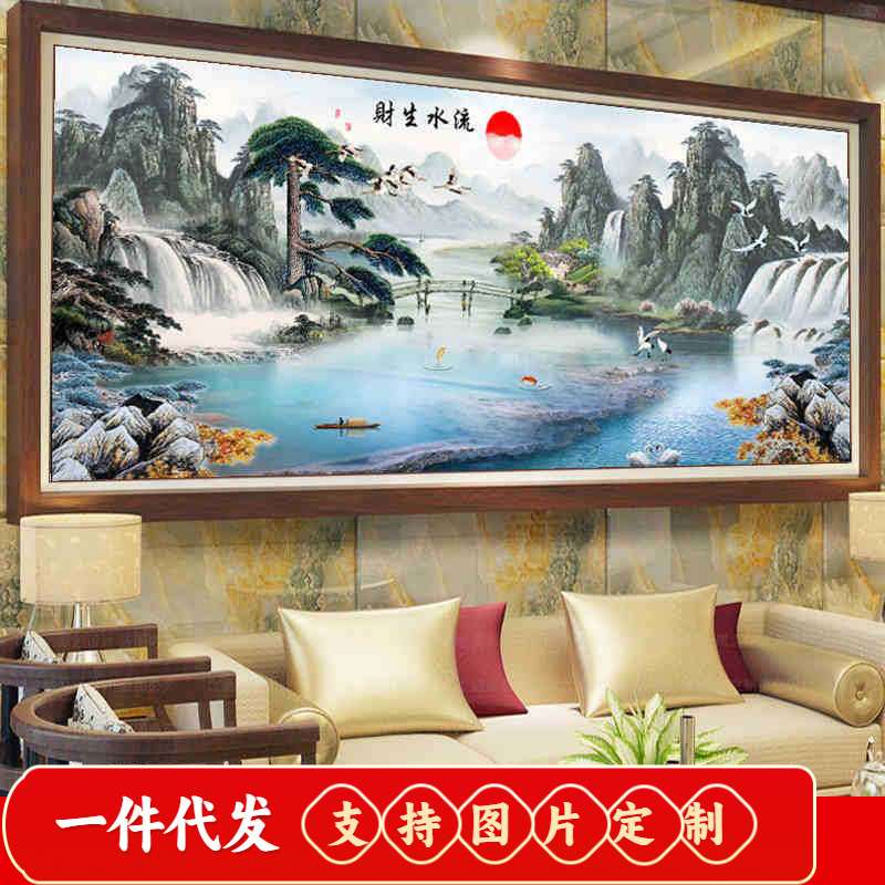 新款粘钻十字绣客厅山水画风景聚宝盆迎客松大幅流水生财5D钻石画