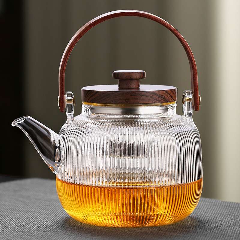 提梁壶蒸煮一体泡茶壶竖纹高硼硅耐高温玻璃煮茶壶高硼硅茶壶