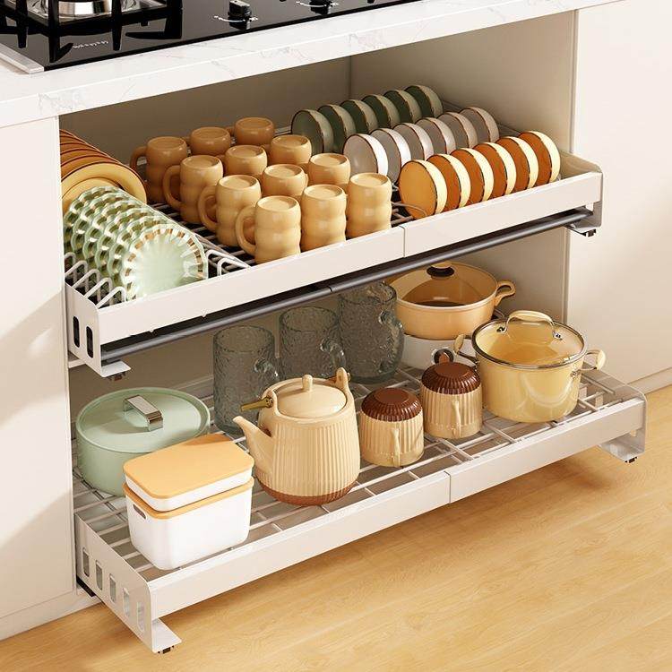 厨房碗盘收纳架碗碟拉篮抽屉式置物架橱柜内沥水抽拉碗篮内置碗架