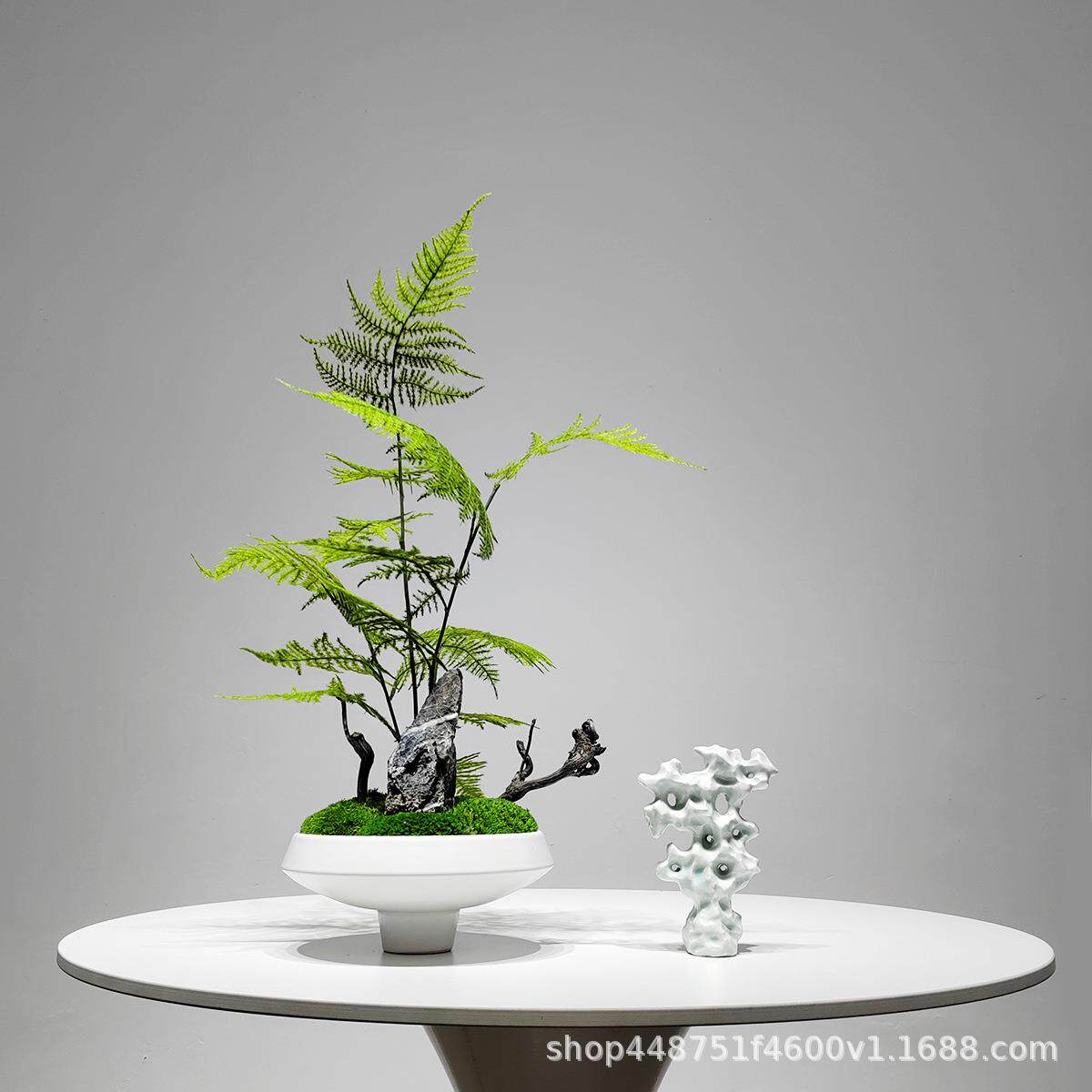 新中式仿真植物文竹盆景摆件假山造景绿植招财装饰品茶室花艺套装
