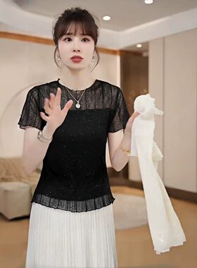 设计感网纱拼接亮片短袖女士法式时尚减龄显瘦上衣花边T恤2026夏