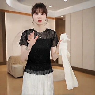 设计感网纱拼接亮片短袖女士法式时尚减龄显瘦上衣花边T恤2026夏