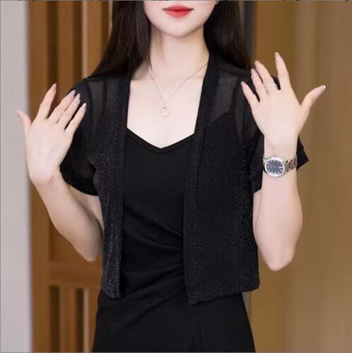 夏季配吊带裙子的小披肩外搭女短款偻空网纱半袖开衫薄款坎肩罩衫