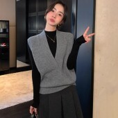 V领针织叠穿马甲女宽松显瘦纯色背心女百搭毛衣气质坎肩针织上衣