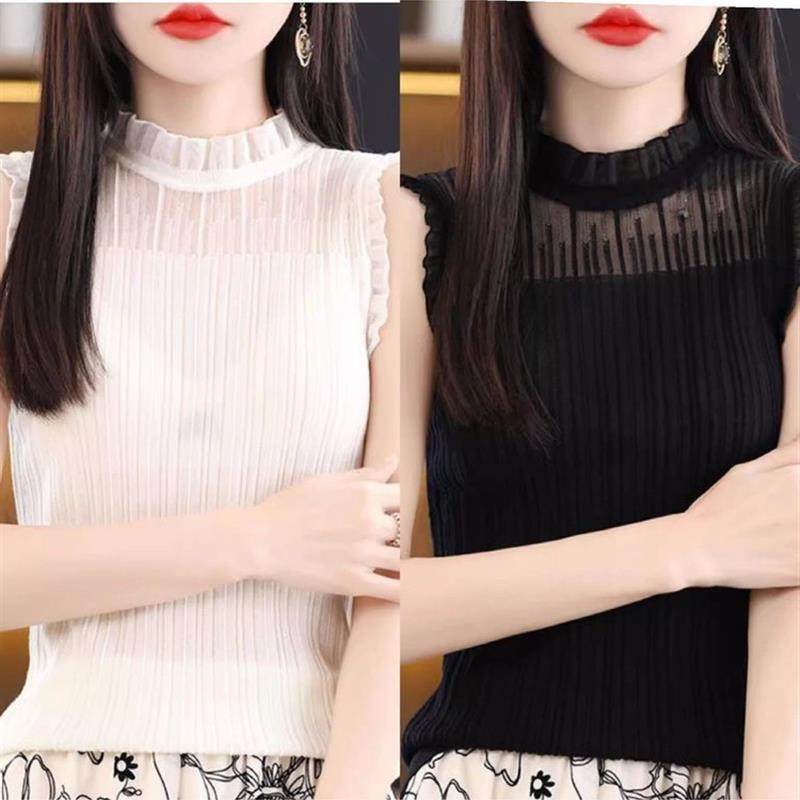 2025女装新款春夏秋蕾丝背心打底衫假领子半高领修身花边上衣百搭