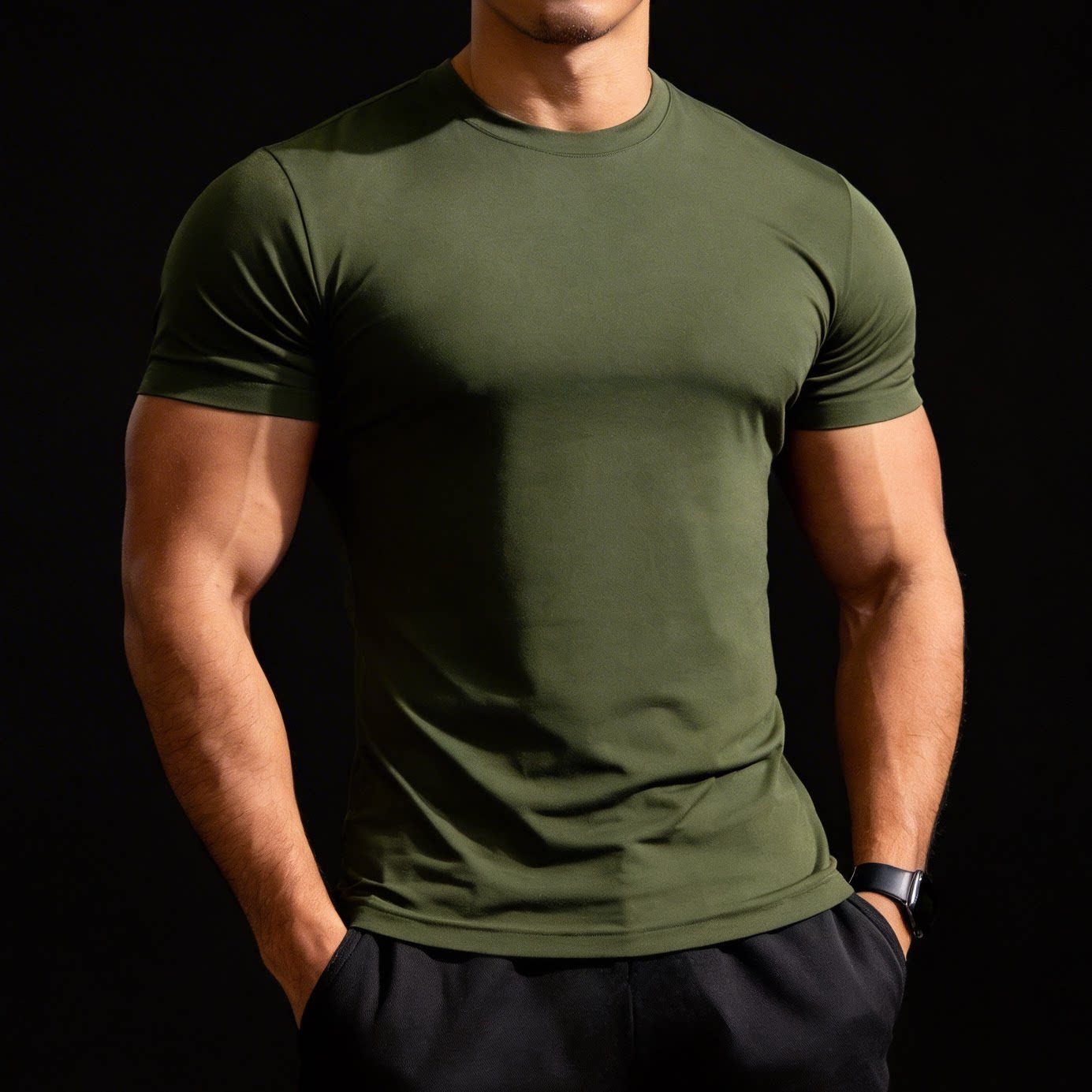 军绿色短袖健身T恤男透气速干跑步训练运动上衣大码圆领教练工服