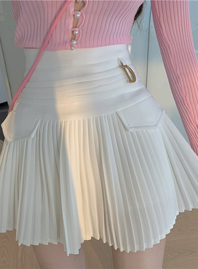 White Pleated Skirts Women High Waist Mini Skirt Metal Lette