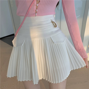 White Pleated Skirts Women High Waist Mini Skirt Metal Lette