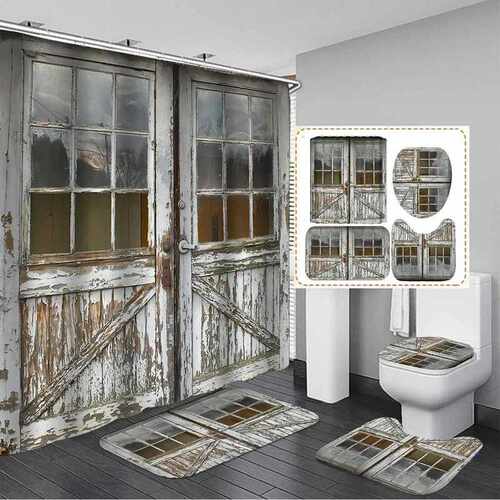 3D Old Vintage Wood Door Waterproof Bath Shower Curtain Rug