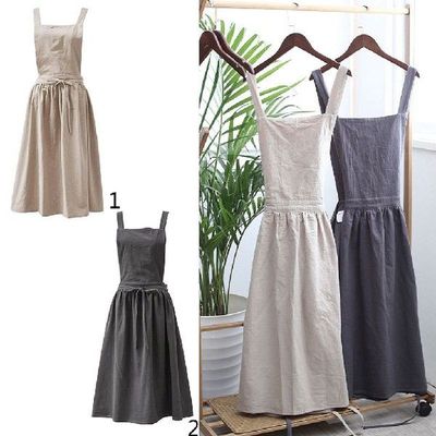 Women Bib Aprons Cotton Linen Sleeveless Pinafore Dress