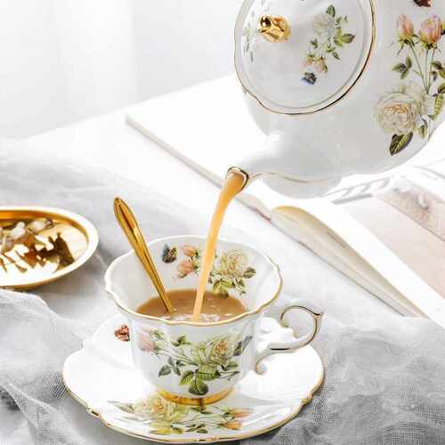 Fine Bone China Coffee Cup Sets White Rose Ceramic Tea Cups