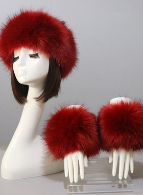 One Set Women Faux Fox Fur Cuffs + Headband Winter Warmer Ha