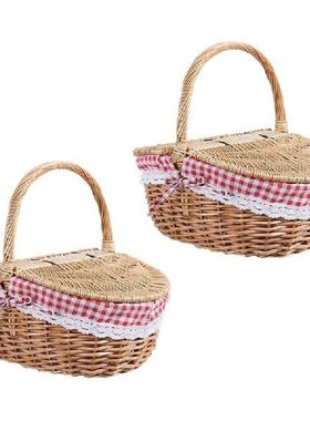 2X Country Style Wicker Picnic Basket Hamper With Lid And