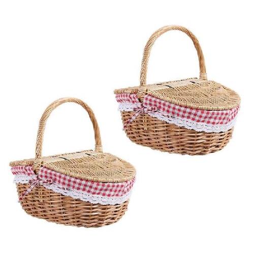 2X Country Style Wicker Picnic Basket Hamper With Lid And