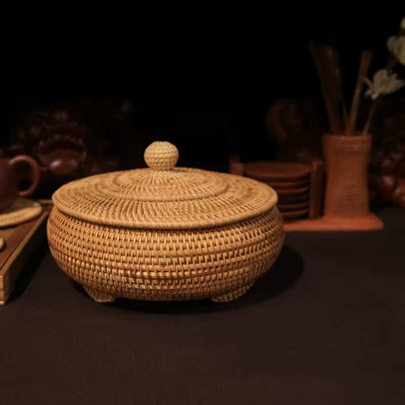 Storage Basket Hand-Woven Rattan Woven with Cover Round Prim