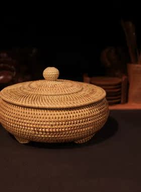 Storage Basket Hand-Woven Rattan Woven with Cover Round Prim