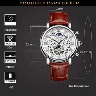 KINYUED Skeleton Automatic Watch Men Sun Moon Phase Waterpr