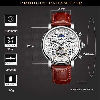 KINYUED Skeleton Automatic Watch Men Sun Moon Phase Waterpr