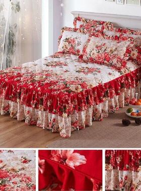 Ethnic Flower Pattern Polyester Ruffled Bed Skirt