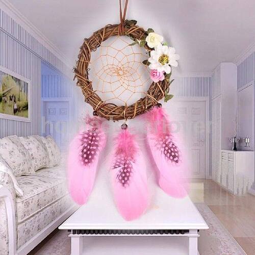 Pink Handmade Rattan Dreamcatcher Wind Chimes Home