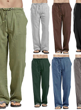 Mens Summer Casual Cotton Linen Loose Drawstring Yoga Pants