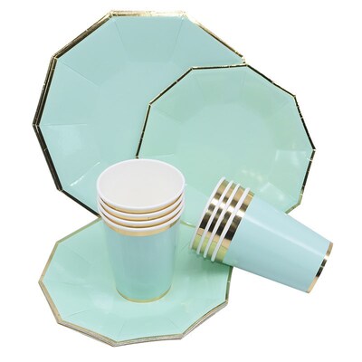 24pcs/set Green Pink Blue Paper Plates Cups Disposable Table