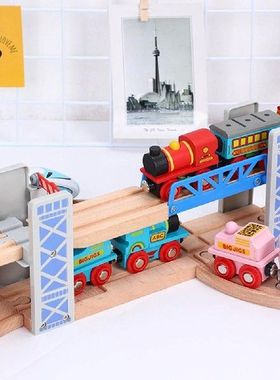 Wooden Double Deck Bridge Overpass Toy DIY Train Tracks