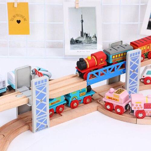Wooden Double Deck Bridge Overpass Toy DIY Train Tracks