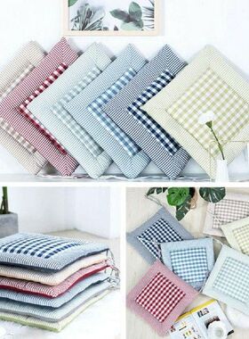 Cotton Linen Chair Cushion Plaid Print Thick Square Shape
