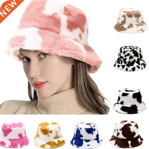 Autumn Winter Warm Buckets Women Cow Print Plush Bucket Hats