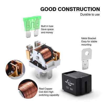 6pcs 5-Pin SPST Automotive Electrical Relays with 14AWG Wire