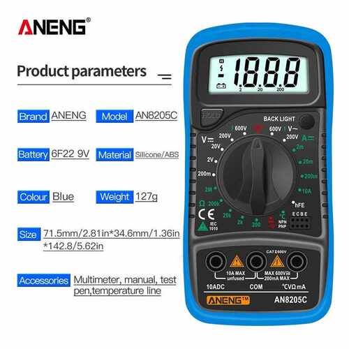 AN8205C Digital Multimeter Auto Range Backlight AC/DC Ammete