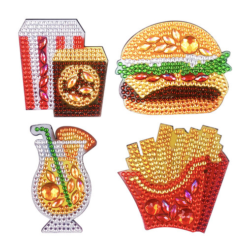 4pcs DIY Full Drill Diamond Fridge Magnets Burger Fries