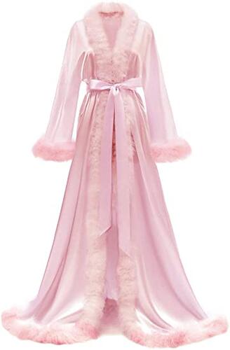 Women's Satin Robe Fur Nightgown Bathrobe Sleepwear