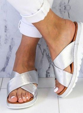 Slippers Women Flat Bottom Toe Chaussures Femme Wedge Flip