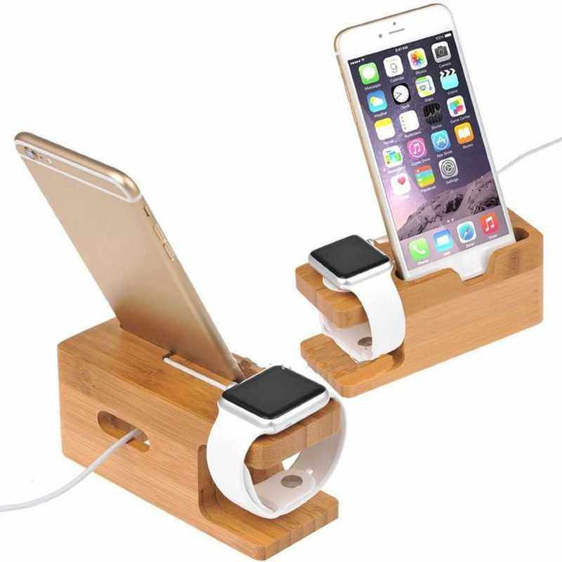 2 in 1 Bamboo Wood Desktop Stand for iPhone iPad Tablet Phon