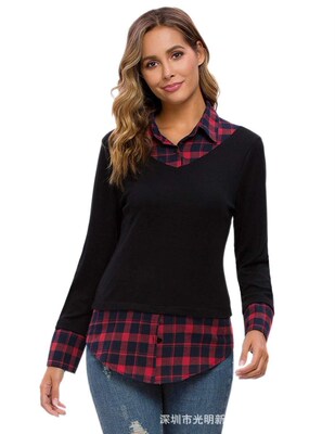 Contrast color grid splicing coat buttons on the shirt long