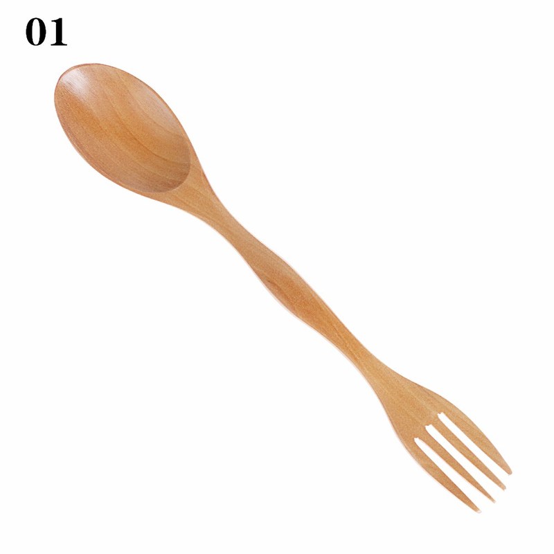 1PC 2 in1 Natural Wood Cutlery Dual Head Soup Spoon k Dinner