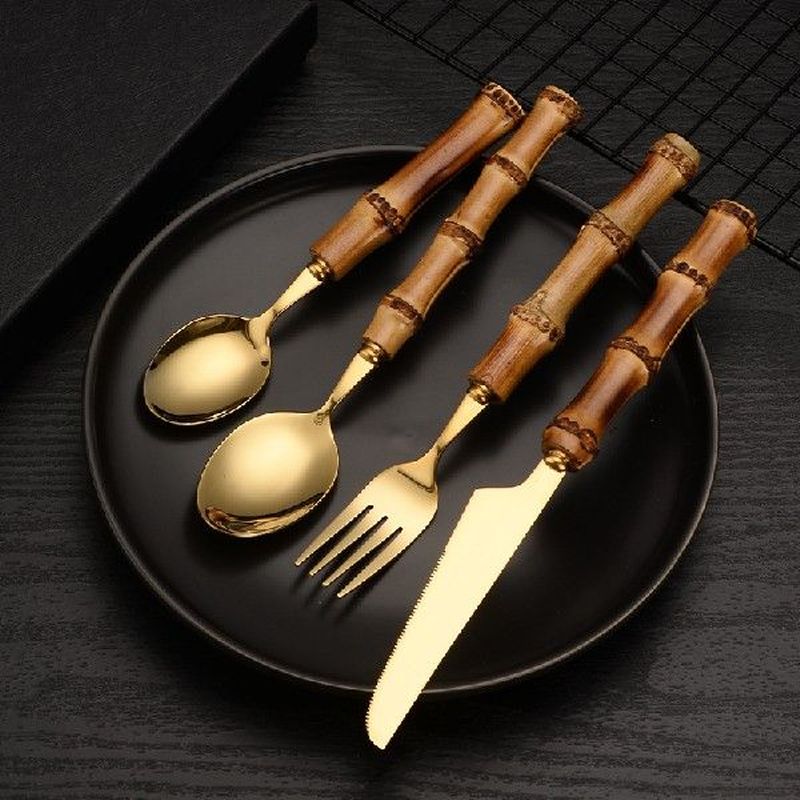 1Pcs Bamboo Handle Tableware Set Steak Knives Cutlery Gold